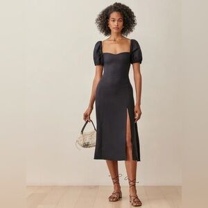 Reformation Black Linen Denver Midi Dress